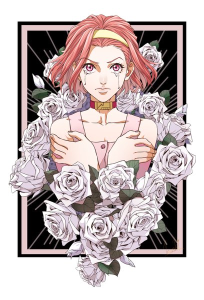 Anime picture 2462x3624 with jojo no kimyou na bouken sugimoto reimi kurokiseow single tall image looking at viewer highres short hair pink hair upper body pink eyes tears border girl flower (flowers) choker rose (roses) headband white rose