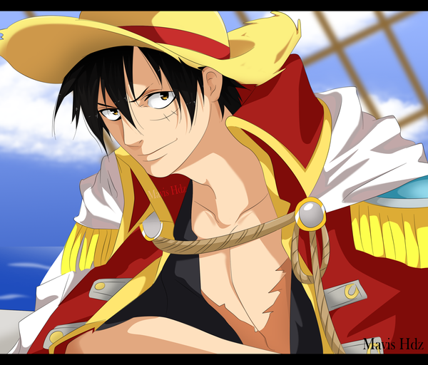 Anime picture 2500x2134 with one piece toei animation monkey d. luffy mavis hdz single looking at viewer fringe highres short hair black hair hair between eyes brown eyes signed sky cloud (clouds) upper body outdoors light smile blurry open shirt