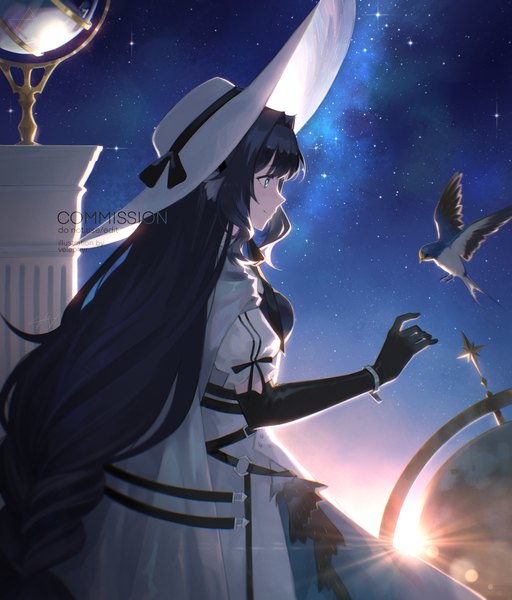 Anime picture 1800x2109 with arknights astesia (arknights) astesia (starseeker) (arknights) velephyr single tall image highres blue eyes black hair smile looking away very long hair profile official alternate costume milky way girl gloves hat animal black gloves