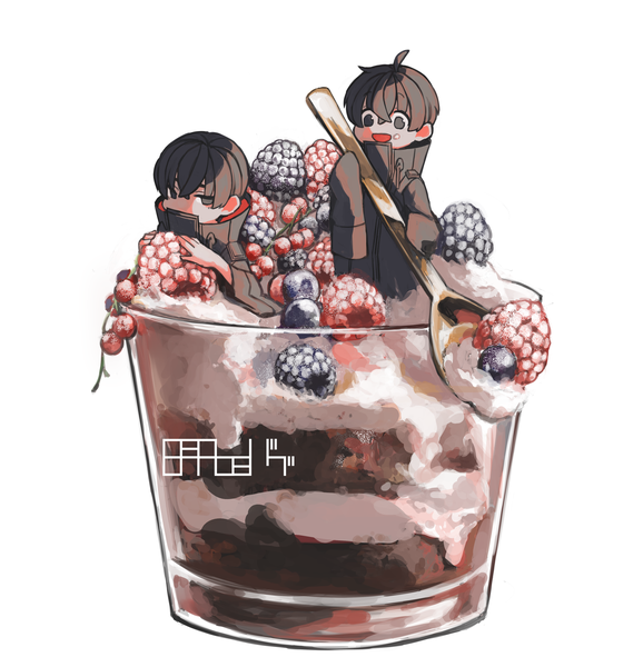 Anime picture 3840x3984 with original fatalbug896 tall image fringe highres short hair open mouth black hair simple background hair between eyes white background absurdres ahoge long sleeves :d black eyes multiple boys food on face miniboy boy