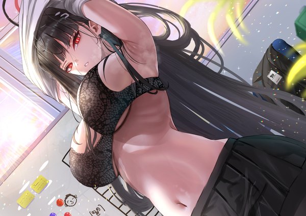 Anime picture 4093x2894 with blue archive rio (blue archive) sensei (blue archive) doodle sensei (blue archive) rossy (yowayowachimpo) single long hair fringe highres breasts light erotic black hair red eyes large breasts absurdres indoors blunt bangs pleated skirt from below armpit (armpits)