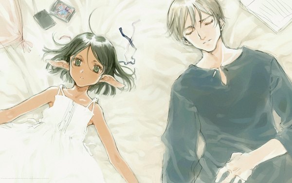 Anime picture 1920x1200 with littlewitch oyari ashito looking at viewer highres short hair black hair wide image lying eyes closed pointy ears grey hair on back sleeveless girl dress boy white dress