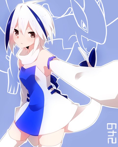 Anime picture 1200x1500 with pokemon nintendo lugia takeshima eku single tall image looking at viewer short hair brown eyes white hair multicolored hair streaked hair gen 2 pokemon pokemon number girl thighhighs detached sleeves white thighhighs
