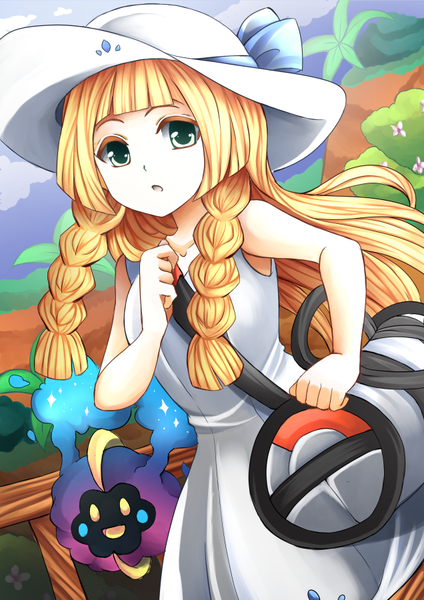 Anime picture 636x900 with pokemon pokemon sm nintendo lillie (pokemon) cosmog sallynyan single long hair tall image looking at viewer fringe open mouth blonde hair smile bare shoulders green eyes sky cloud (clouds) braid (braids) parted lips