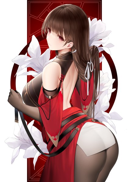 Anime picture 2000x2829 with original an yasuri single long hair tall image fringe highres breasts light erotic red eyes brown hair large breasts standing looking away ass blunt bangs back bare back arched back girl