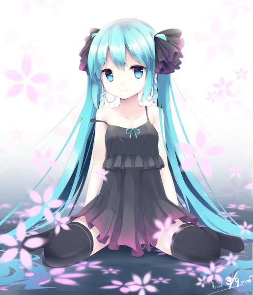 Anime picture 1145x1333 with vocaloid hatsune miku makadamia single tall image looking at viewer sitting twintails very long hair aqua eyes aqua hair wariza girl thighhighs dress bow black thighhighs hair bow black dress
