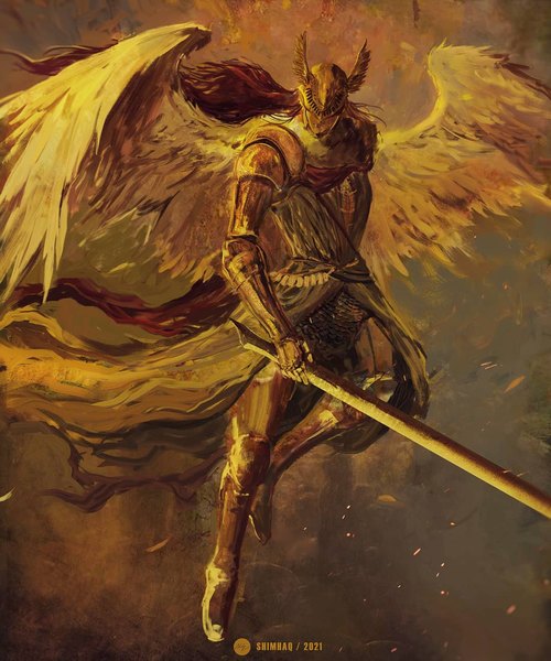 Anime picture 1080x1295 with elden ring malenia blade of miquella shimhaq single long hair tall image holding signed full body red hair angel wings 2021 girl weapon wings helmet blade