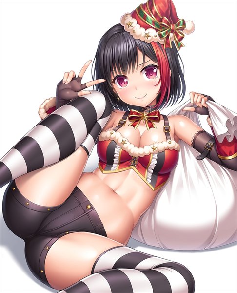 Anime picture 689x850 with bang dream! mitake ran lambda (kusowarota) single tall image looking at viewer blush fringe short hair breasts light erotic black hair simple background smile white background purple eyes bare shoulders holding cleavage head tilt