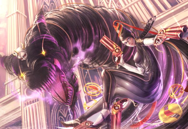 Anime picture 2155x1480 with bayonetta bayonetta (character) yazuwo single looking at viewer highres breasts blue eyes black hair holding very long hair lips mole high heels mole under mouth dual wielding girl weapon glasses gun