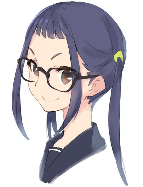 Anime picture 721x940 with yurucamp oogaki chiaki kawata hisashi single long hair tall image looking at viewer simple background smile white background twintails brown eyes payot blue hair portrait girl uniform glasses serafuku