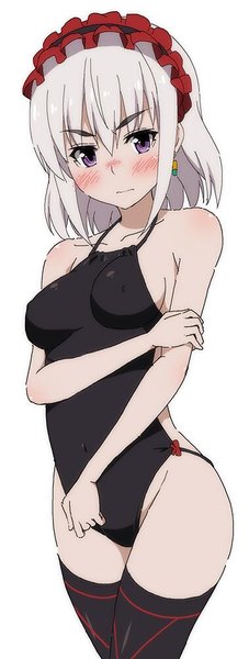 Anime picture 379x1000 with hitsugi no chaika studio bones chaika bogdan nectar (fujiya) single tall image looking at viewer blush fringe short hair breasts light erotic simple background hair between eyes large breasts standing white background purple eyes bare shoulders payot