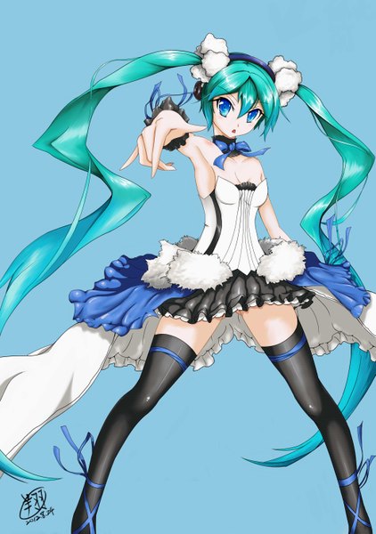 Anime picture 4157x5906 with vocaloid hatsune miku najo single tall image looking at viewer highres blue eyes twintails absurdres very long hair aqua hair girl thighhighs dress black thighhighs miniskirt