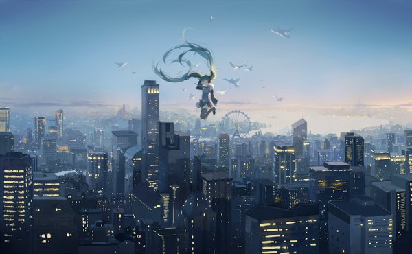 Anime picture 1503x929 with vocaloid hatsune miku spencer sais single wide image sky very long hair pleated skirt wind zettai ryouiki city cityscape flying landscape happy birthday river girl skirt miniskirt animal