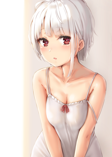 Anime picture 1065x1500 with original reinama single tall image looking at viewer blush fringe short hair breasts open mouth light erotic simple background red eyes upper body white hair blunt bangs :o gradient background strap slip breast squeeze