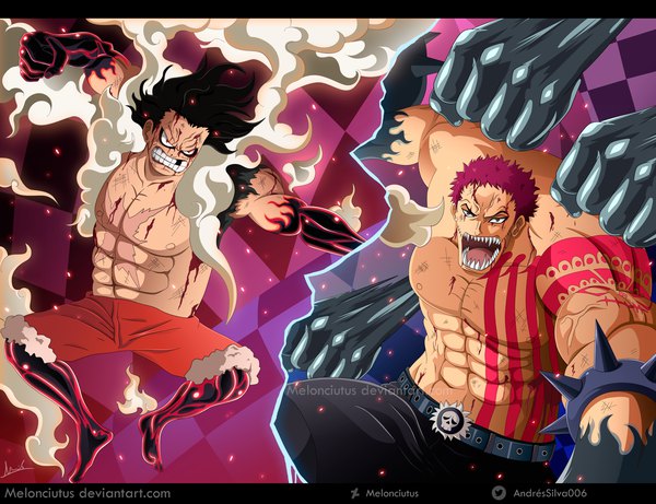 Anime picture 2816x2167 with one piece toei animation monkey d. luffy charlotte katakuri melonciutus highres short hair open mouth black hair brown eyes signed looking away purple hair barefoot multiple boys teeth fur trim twitter username coloring scar