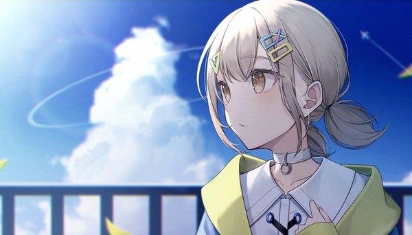 Anime picture 1024x583 with project sekai azusawa kohane amai melo single short hair blonde hair wide image twintails brown eyes looking away sky cloud (clouds) upper body outdoors low twintails short twintails girl choker hairclip