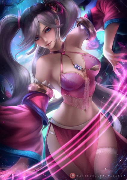Anime picture 3532x5000 with league of legends sona buvelle axsen single long hair tall image looking at viewer fringe highres breasts blue eyes light erotic hair between eyes large breasts standing twintails bare shoulders absurdres silver hair light smile