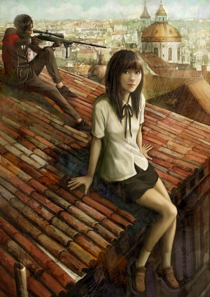 Anime picture 1200x1697 with original feigiap long hair tall image short hair brown hair sitting brown eyes realistic city cityscape girl boy glasses gun sniper rifle roof