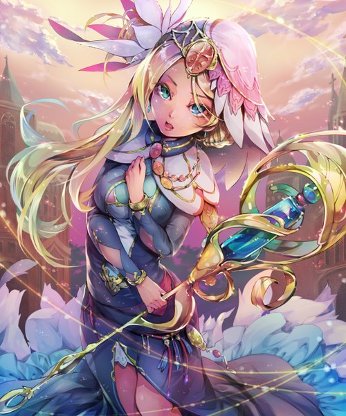Anime picture 2500x3000 with original marronsium single long hair tall image looking at viewer blush highres breasts open mouth blonde hair holding sky cloud (clouds) multicolored hair wind heterochromia gradient hair girl hair ornament