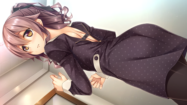 Anime picture 1280x720 with hataraku otona no ren'ai jijou akabei soft3 naruto tomoe single long hair blush wide image brown eyes game cg purple hair looking back back girl dress