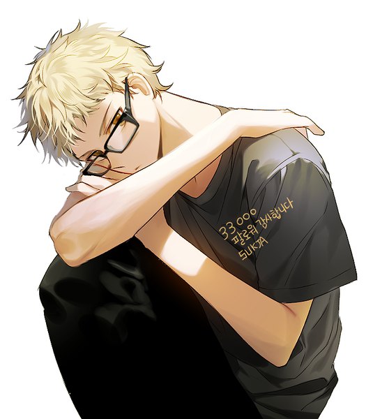 Anime-Bild 700x800 mit haikyuu!! production i.g tsukishima kei sorolp single tall image looking at viewer short hair simple background blonde hair white background sitting brown eyes signed hand on shoulder korean boy glasses t-shirt