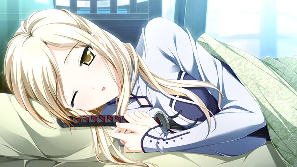 Anime picture 2560x1440 with otome ga tsumugu koi no canvas shishidou chiharu flamsteed kimishima ao long hair highres blonde hair wide image yellow eyes game cg lying one eye closed wink girl weapon sword katana