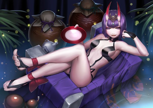 Anime picture 1448x1024 with fate (series) fate/grand order shuten douji (fate) sunkilow single looking at viewer blush short hair breasts open mouth light erotic smile purple eyes bare shoulders holding purple hair full body lying horn (horns) from above