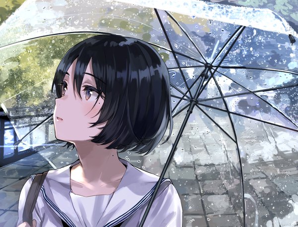 Anime picture 1200x912 with original tan (tangent) single blush fringe short hair open mouth black hair hair between eyes brown eyes looking away upper body outdoors mole mole under eye transparent umbrella girl uniform serafuku umbrella