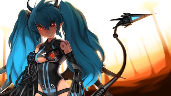 Anime picture 1280x720 with vocaloid hatsune miku observerz long hair smile red eyes wide image twintails blue hair tail horn (horns) pointy ears mechanical wings girl bodysuit android