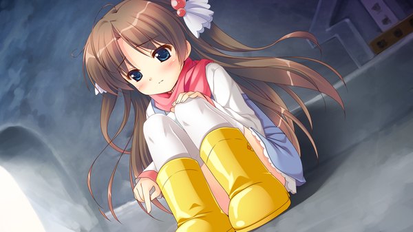 Anime picture 1024x576 with yukiiro single long hair blush blue eyes black hair wide image sitting game cg loli two side up hand on knee girl thighhighs white thighhighs scarf