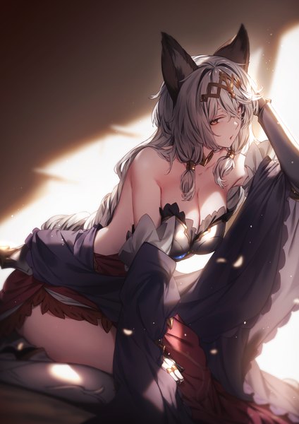 Anime picture 1400x1980 with granblue fantasy heles kyouya (mukuro238) single long hair tall image looking at viewer fringe breasts open mouth light erotic hair between eyes large breasts sitting brown eyes animal ears cleavage silver hair arm up wide sleeves