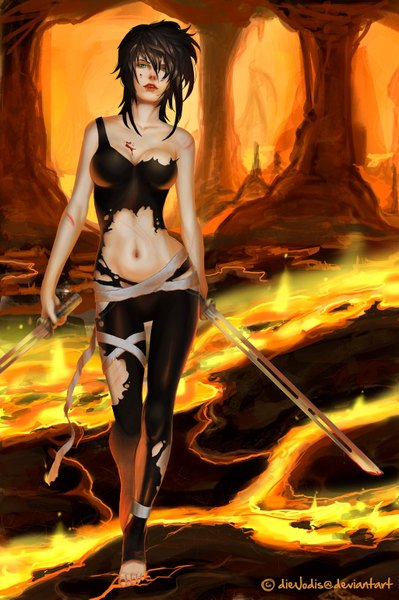 Anime picture 1024x1539 with original diejodis single long hair tall image looking at viewer breasts light erotic black hair bare shoulders holding green eyes midriff torn clothes dual wielding lava girl navel weapon sword