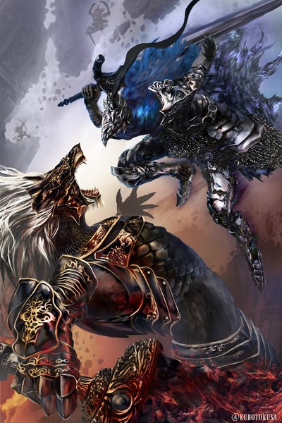 Anime picture 3000x4500 with elden ring dark souls (series) dark souls from software starscourge radahn maliketh the black blade artorias the abysswalker great grey wolf sif hawkeye gough dragon slayer ornstein kurotokusa long hair tall image highres open mouth holding signed white hair multiple boys twitter username