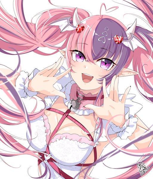 Anime picture 1750x2047 with virtual youtuber vshojo ironmouse akira miku ver single long hair tall image looking at viewer fringe highres breasts open mouth light erotic simple background hair between eyes large breasts white background purple eyes twintails pink hair