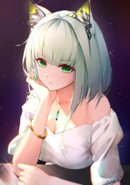 Anime picture 1280x1811 with arknights kal'tsit (arknights) leria v single tall image fringe short hair breasts simple background green eyes signed animal ears payot looking away cleavage upper body blunt bangs nail polish fingernails green hair
