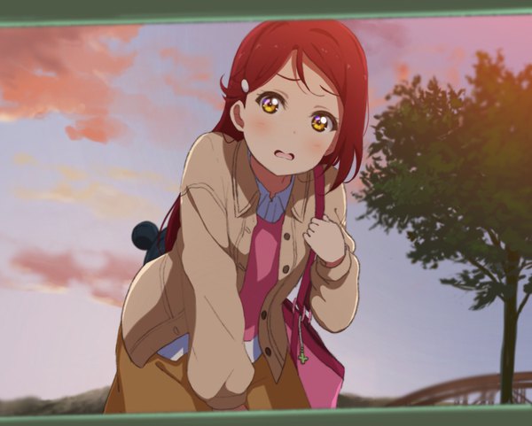 Anime picture 1502x1206 with love live! sunshine!! sunrise (studio) love live! sakurauchi riko icehotmilktea single long hair looking at viewer blush open mouth yellow eyes sky cloud (clouds) red hair leaning leaning forward evening sunset girl plant (plants)