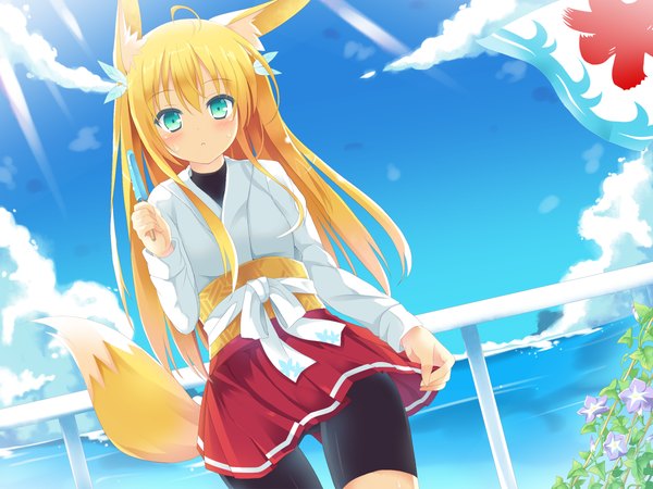 Anime picture 1200x900 with original nibiiro shizuka single long hair blonde hair green eyes fox ears fox tail fox girl girl skirt flower (flowers) miniskirt food sweets ice cream leggings morning glory