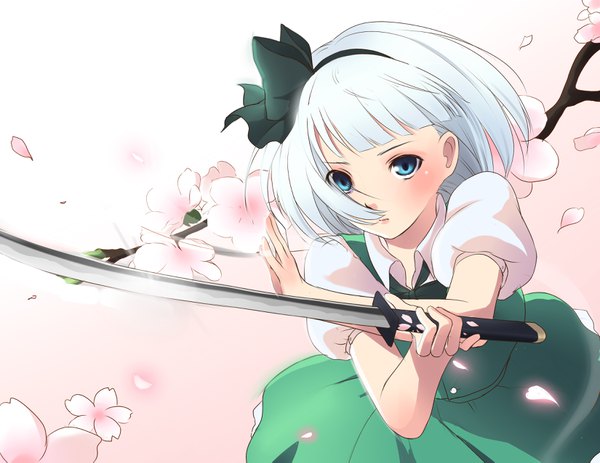 Anime picture 3300x2550 with touhou konpaku youmu etm (75220988) single looking at viewer highres short hair blue eyes absurdres silver hair wind short sleeves puffy sleeves gradient background cherry blossoms pink background expressionless girl skirt ribbon (ribbons)