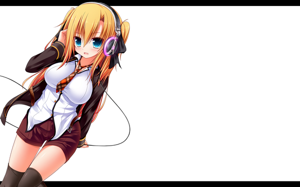 Anime picture 1600x1000 with original syroh single long hair blush open mouth blue eyes light erotic simple background blonde hair wide image white background girl thighhighs ribbon (ribbons) black thighhighs hair ribbon shirt necktie shorts