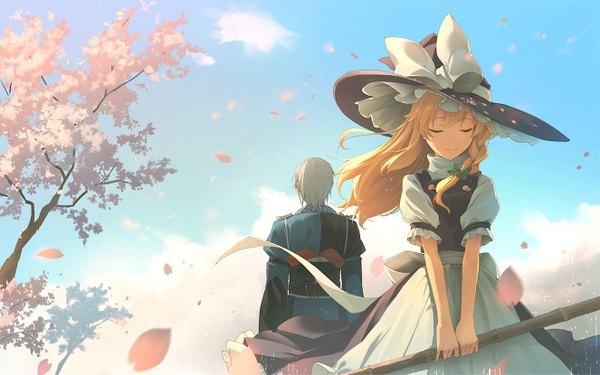 Anime picture 1326x829 with touhou kirisame marisa morichika rinnosuke eho (icbm) long hair short hair blonde hair holding sky cloud (clouds) braid (braids) eyes closed light smile wind grey hair puffy sleeves cherry blossoms single braid witch girl