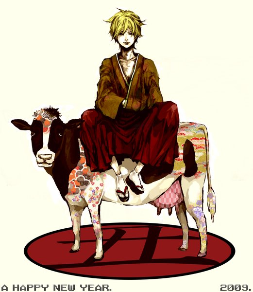 Anime picture 4000x4600 with vocaloid kagamine len akiakane single tall image highres short hair blonde hair sitting absurdres japanese clothes new year happy new year 2009 boy flower (flowers) animal kimono zori cow