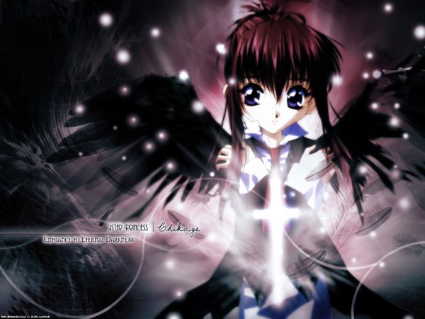 Anime picture 1280x960 with sister princess zexcs chikage (sister princess) tenhiro naoto single long hair looking at viewer twintails purple eyes red hair inscription wallpaper short twintails angel wings angel girl wings