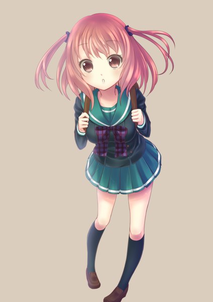 Anime picture 1500x2122 with hataraku maou-sama! white fox sasaki chiho amane_haneyuri single tall image looking at viewer short hair open mouth simple background brown eyes pink hair grey background girl thighhighs uniform hair ornament school uniform miniskirt bowtie