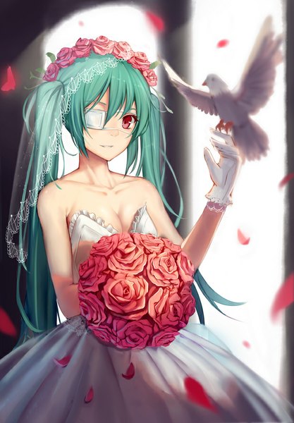 Anime picture 620x892 with vocaloid hatsune miku soulkiller (brz) single long hair tall image smile red eyes twintails bare shoulders looking away aqua hair bird on hand girl dress gloves flower (flowers) animal petals bird (birds)