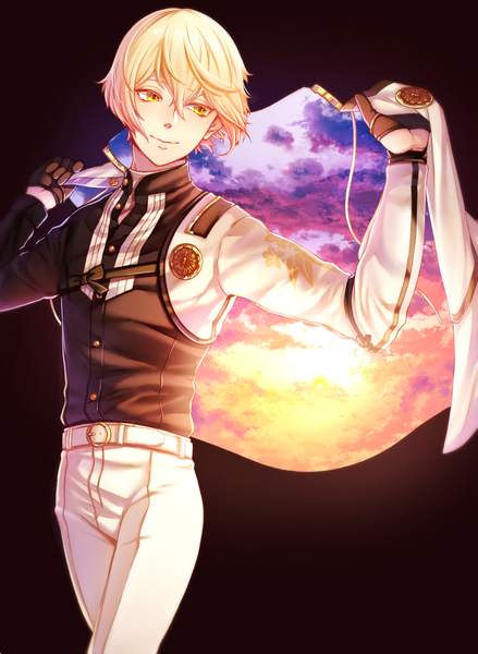 Anime picture 1000x1368 with touken ranbu nitroplus higekiri (touken ranbu) yozakura single tall image fringe short hair simple background blonde hair smile hair between eyes standing holding yellow eyes looking away dark background double exposure sky print boy