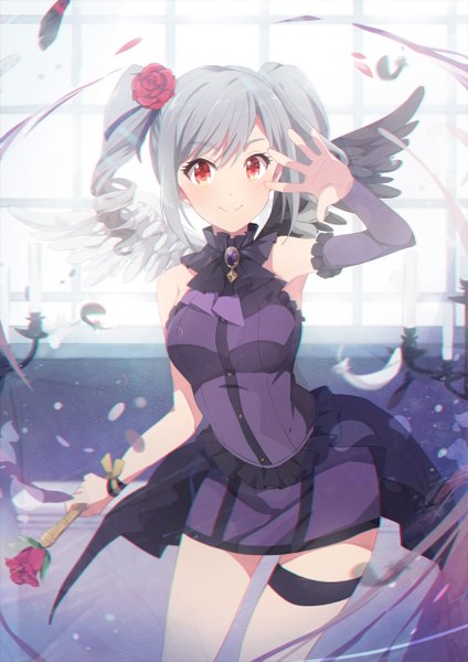 Anime picture 900x1273 with idolmaster idolmaster cinderella girls kanzaki ranko eunram single long hair tall image blush fringe smile red eyes standing twintails indoors hair flower grey hair leaning leaning forward drill hair black wings