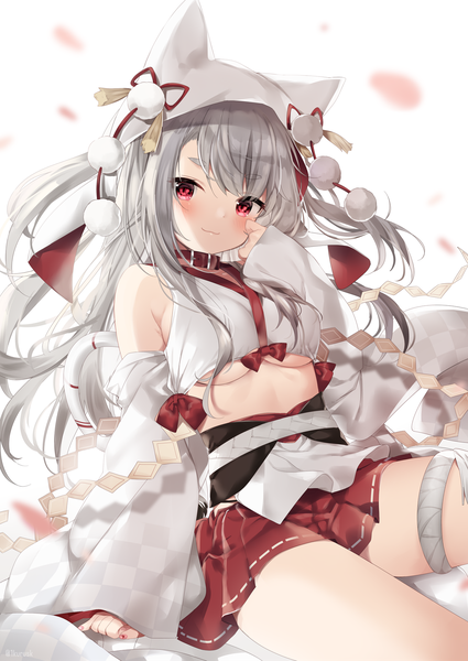 Anime picture 1254x1770 with azur lane yuudachi (azur lane) yuudachi (the bride of solomon) (azur lane) mafuyu (chibi21) single long hair tall image looking at viewer blush fringe breasts light erotic simple background smile red eyes white background sitting grey hair blurry underboob