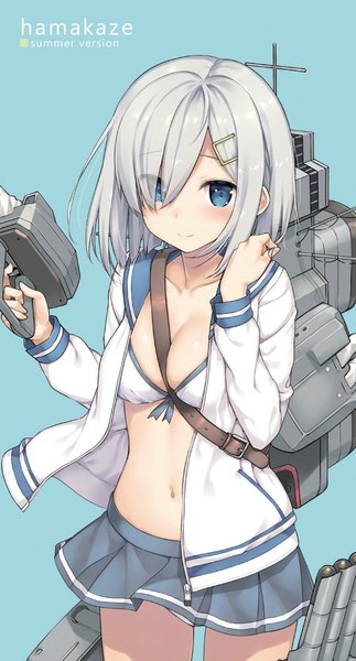 Anime picture 539x1000 with kantai collection hamakaze destroyer takayaki single tall image looking at viewer blush fringe short hair breasts blue eyes light erotic simple background smile standing holding silver hair pleated skirt hair over one eye bare belly