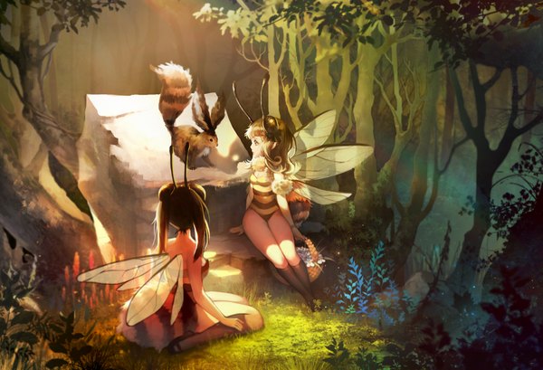 Anime picture 2289x1561 with original majo long hair highres brown hair sitting multiple girls brown eyes outdoors wariza eye contact nature rock insect wings antennae insect girl bee girl girl 2 girls plant (plants)
