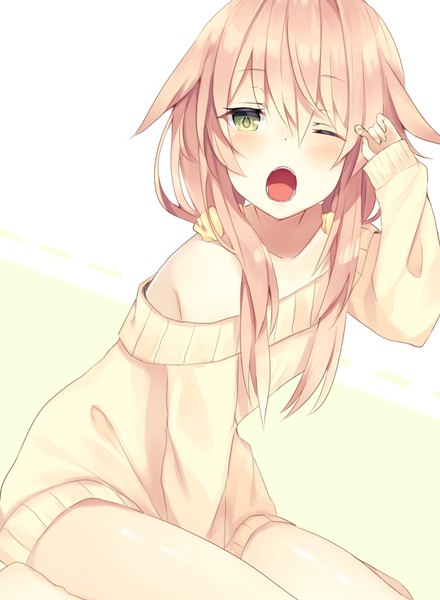 Anime picture 1100x1500 with original komomo (ptkrx) single long hair tall image blush fringe open mouth hair between eyes sitting twintails bare shoulders green eyes looking away pink hair one eye closed barefoot off shoulder shiny skin low twintails